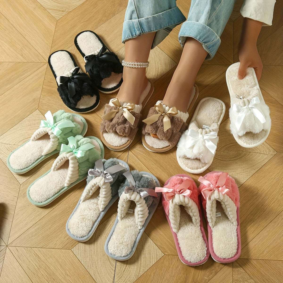 Women's Fuzzy Warm Slippers, Non-slip Plush Shoes with Bowknot Decoration