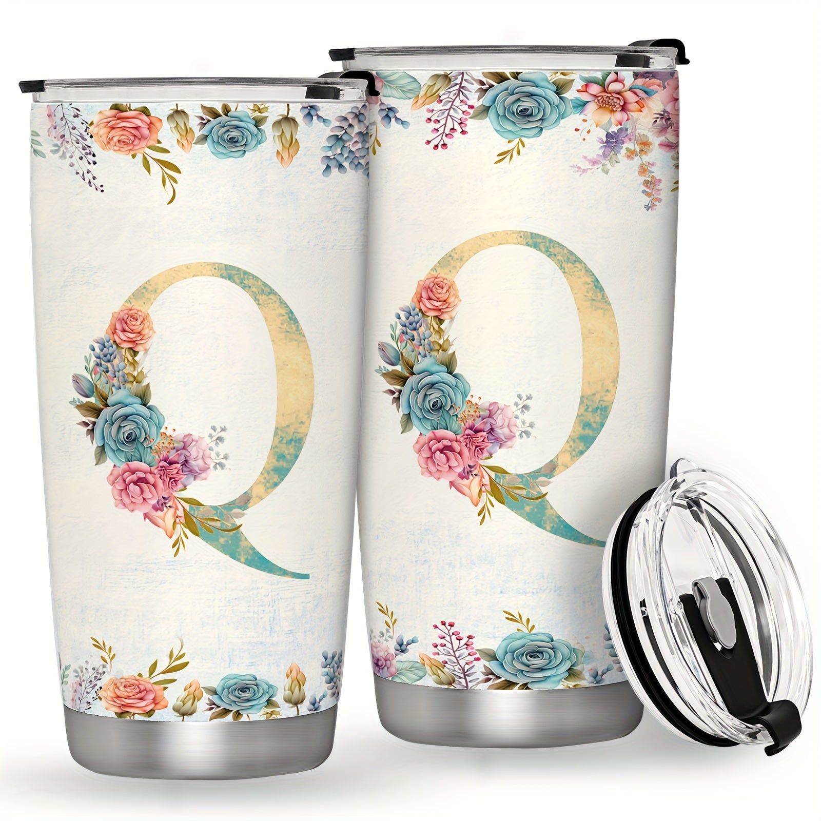 20oz Stainless Steel Tumbler with Monogram Floral Design Leak Proof Lid for Outdoor Use
