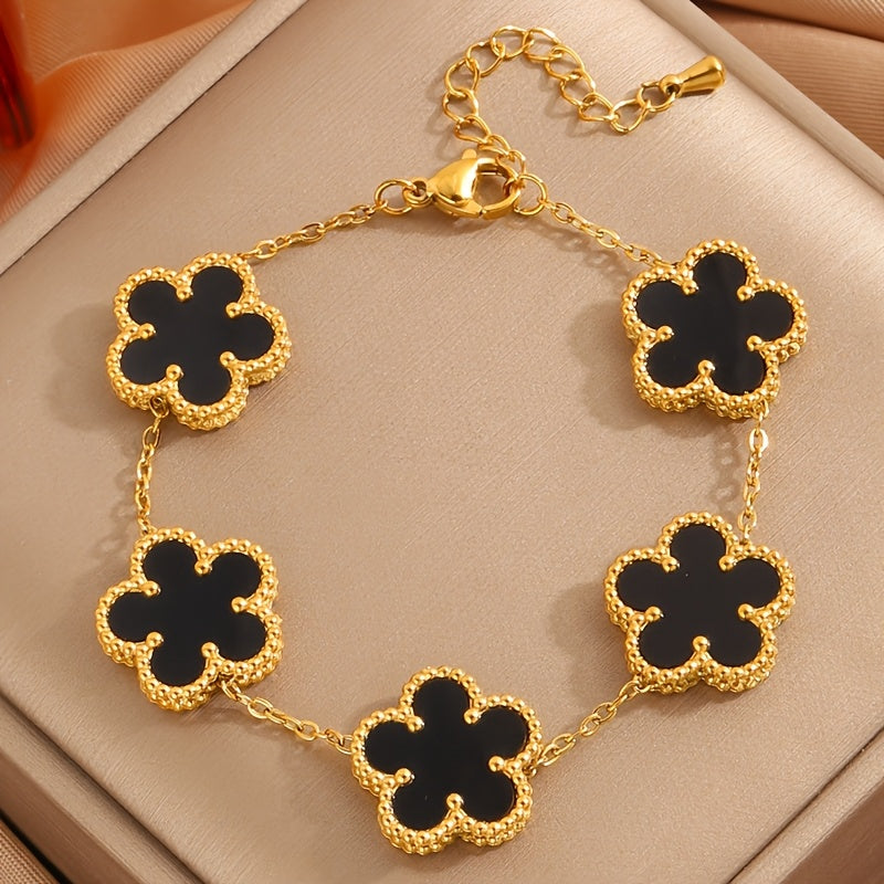 Set of 4 Gold Plated Stainless Steel Flower Bracelets with Rhinestones Boho Style for Women