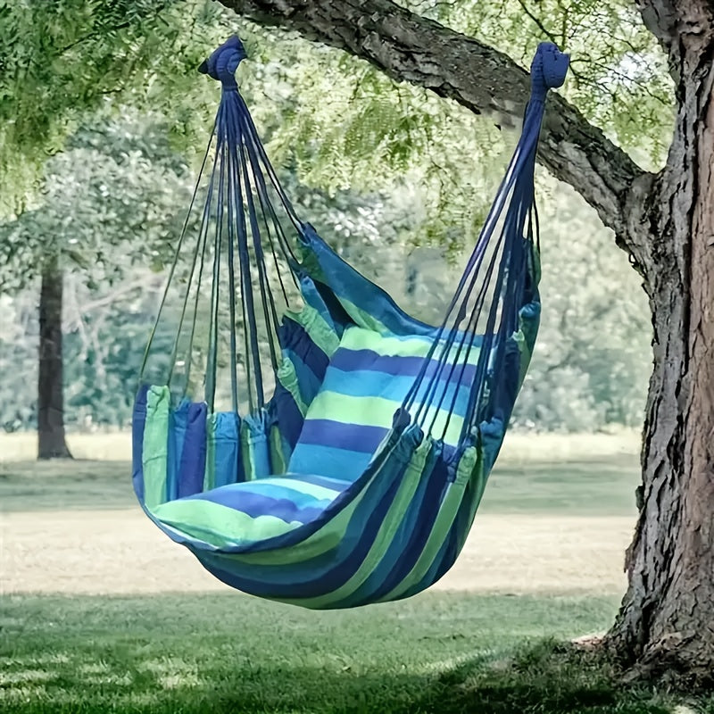 Blue and Green Striped Hammock Chair with Wooden Rod for Indoor Outdoor Relaxation