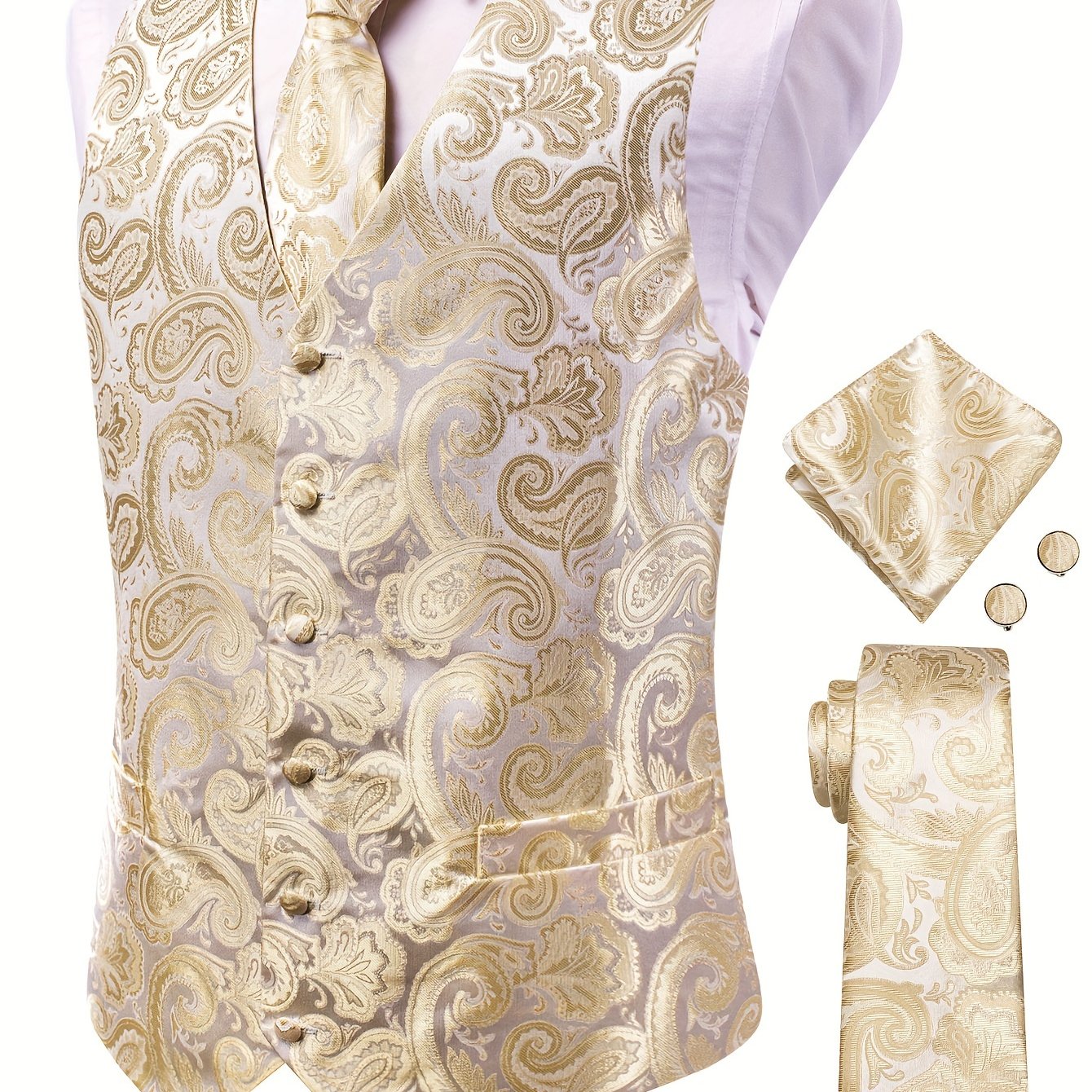 Men's Large Size White Paisley Pattern Accessories Set Waistcoat Necktie Hanky Cufflinks