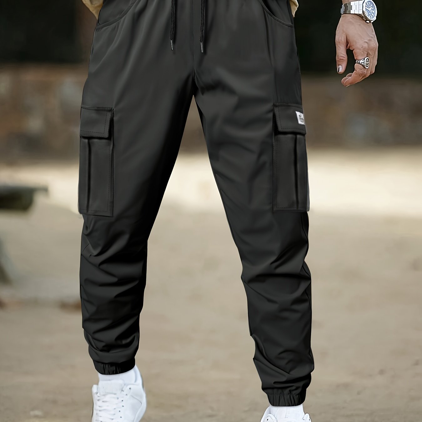 Men's Camo Cargo Pants Non-Stretch Polyester Drawstring Waist Flap Pockets Outdoor Work