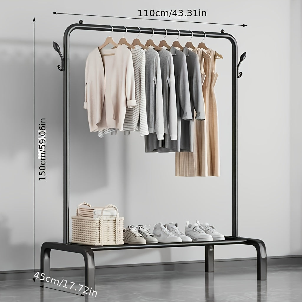 Katta zanglamas po'latdan yasalgan kiyim tokchasi, ikki tayoq va oson yig'ish uchun asos bilan. Yotoqxona, balkon yoki hammomda kiyimlarni tartibga solish uchun ideal.