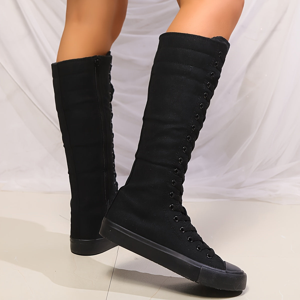 Women Black Knee-High Boots Winter Stylish Zipper Rubber Lining