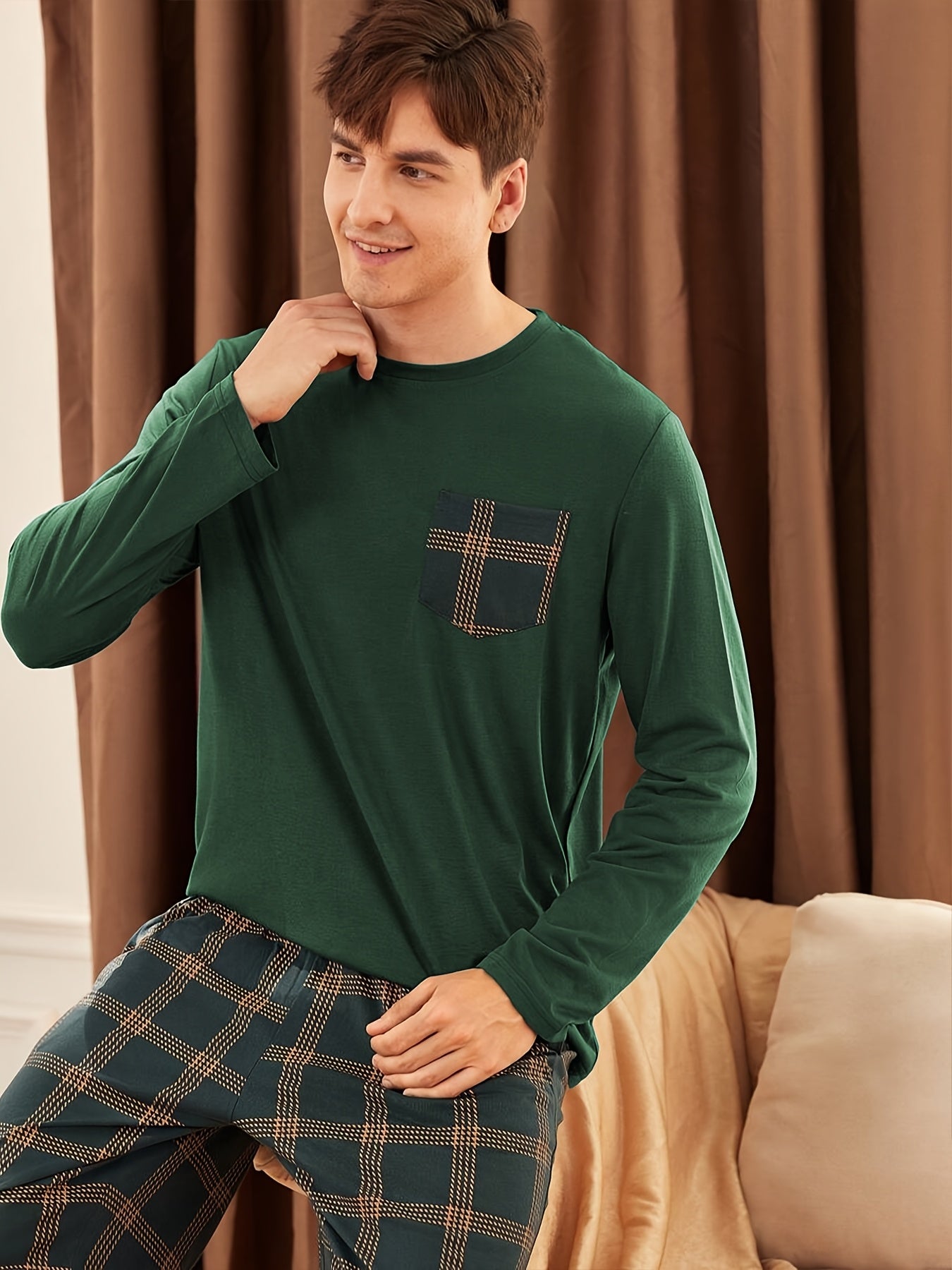 Men's Dark Green Long Sleeve Pajama Set with Plaid Trousers