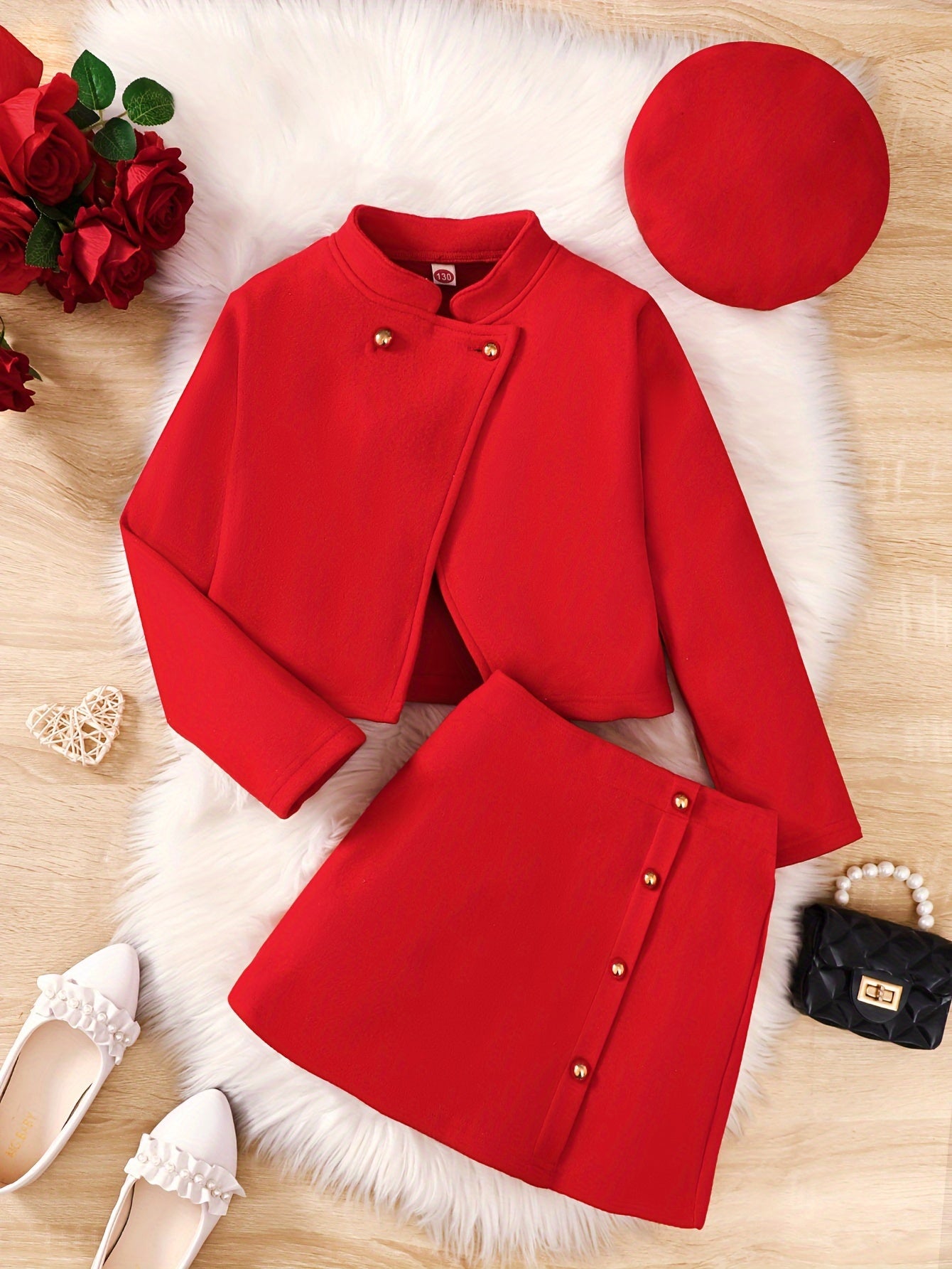Girls Tween Chinese Style Fitted Short Skirt Set with Red Coat and Beret for Fall Winter