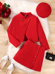 Girls Tween Chinese Style Fitted Short Skirt Set with Red Coat and Beret for Fall Winter