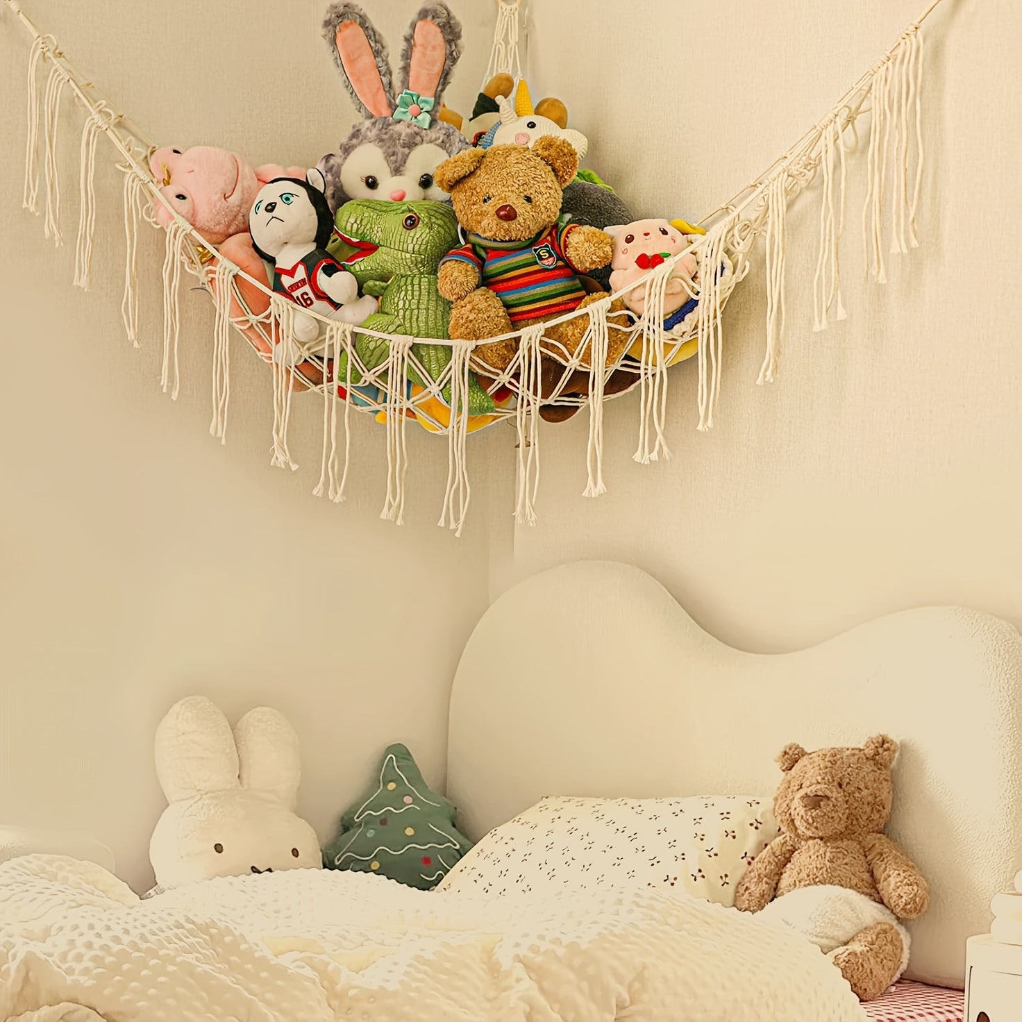Cotton Plush Toy Storage Net Organizer with Hooks for Kids Room Nursery White