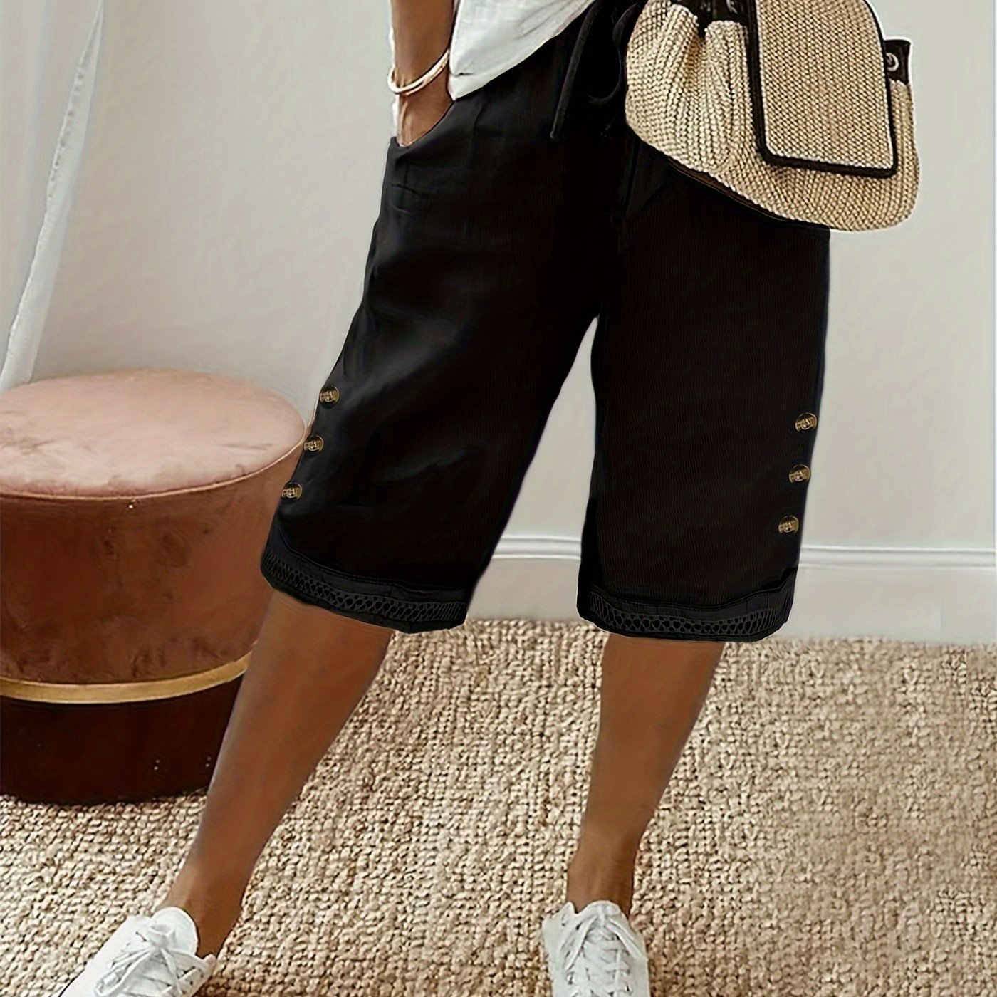 Women's Polyester Drawstring Capri Pants with Braided Hem and Faux Button Details