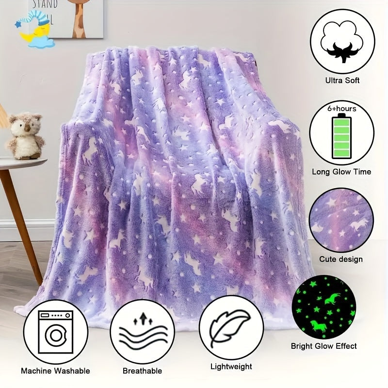 Unicorn and Star Pattern Glow-in-the-Dark Plush Throw Blanket for Kids and Adults