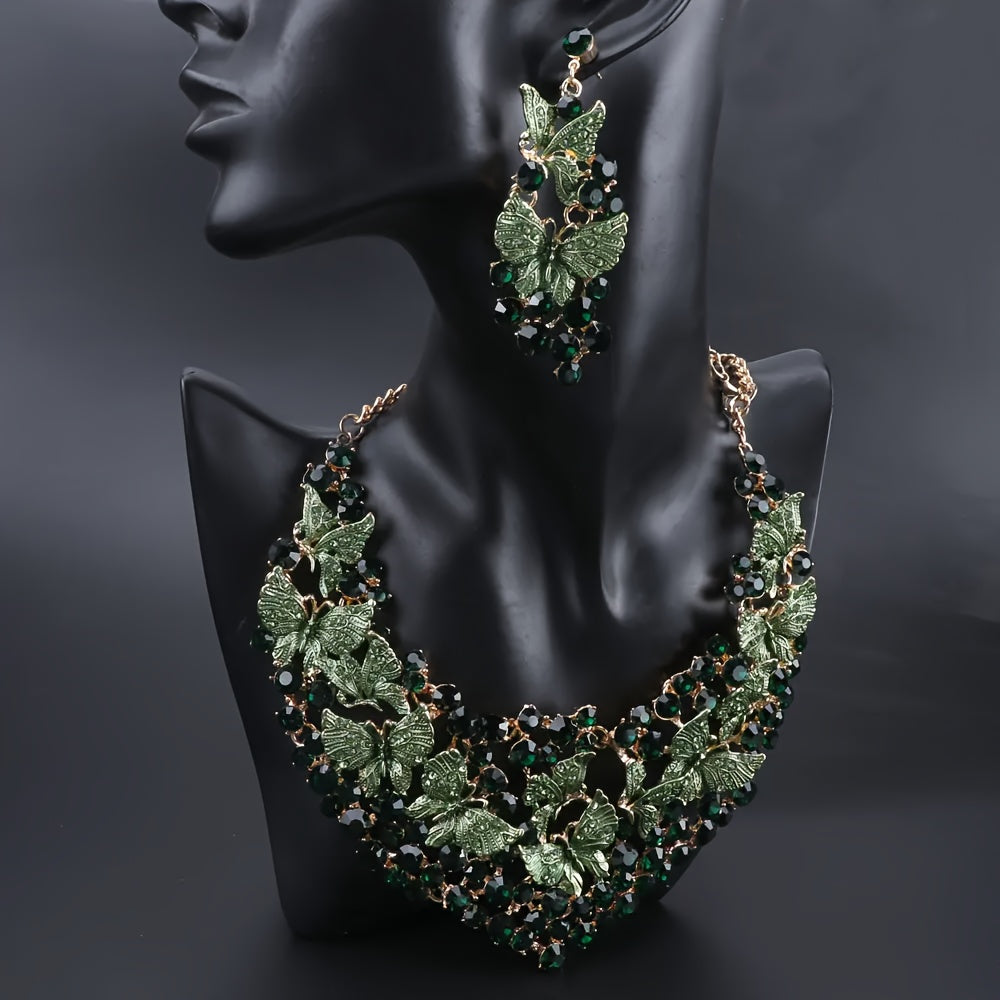 Vintage Butterfly Jewelry Set Synthetic Rhinestone Necklace and Earrings for Weddings and Parties
