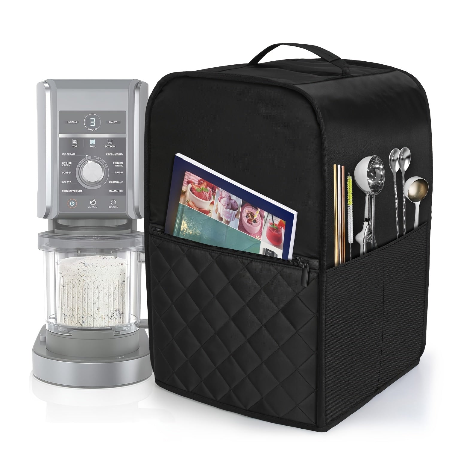 Black Quilted Dust Cover for Ice Cream Maker with Accessory Pockets