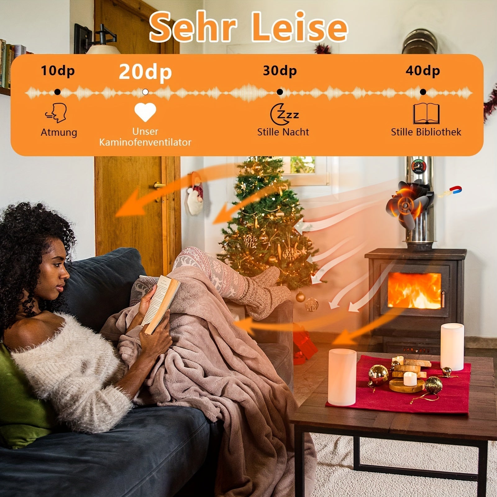 Fireplace Fan with Magnetic Thermometer Non-Electric Quiet Operation for Stoves and Fireplaces