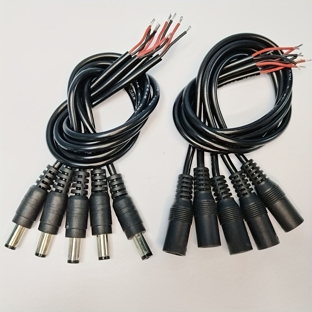 5 pares de conectores de enchufe de corriente continua macho y hembra de 12V 5.5x2.1mm con cables negros
