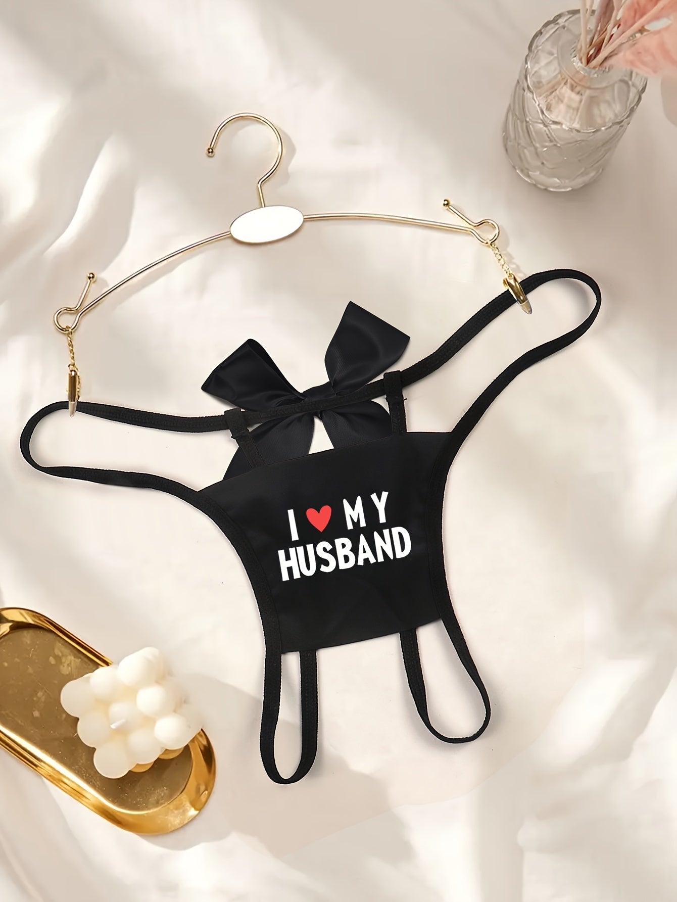 Patterned Bow Thong Lingerie with Open Crotch and Low Waist