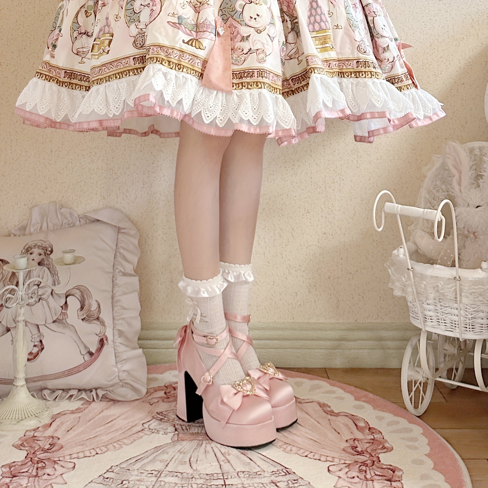 Women's Chunky Heel Pumps with Bow and Heart Buckle Fabric All-Season