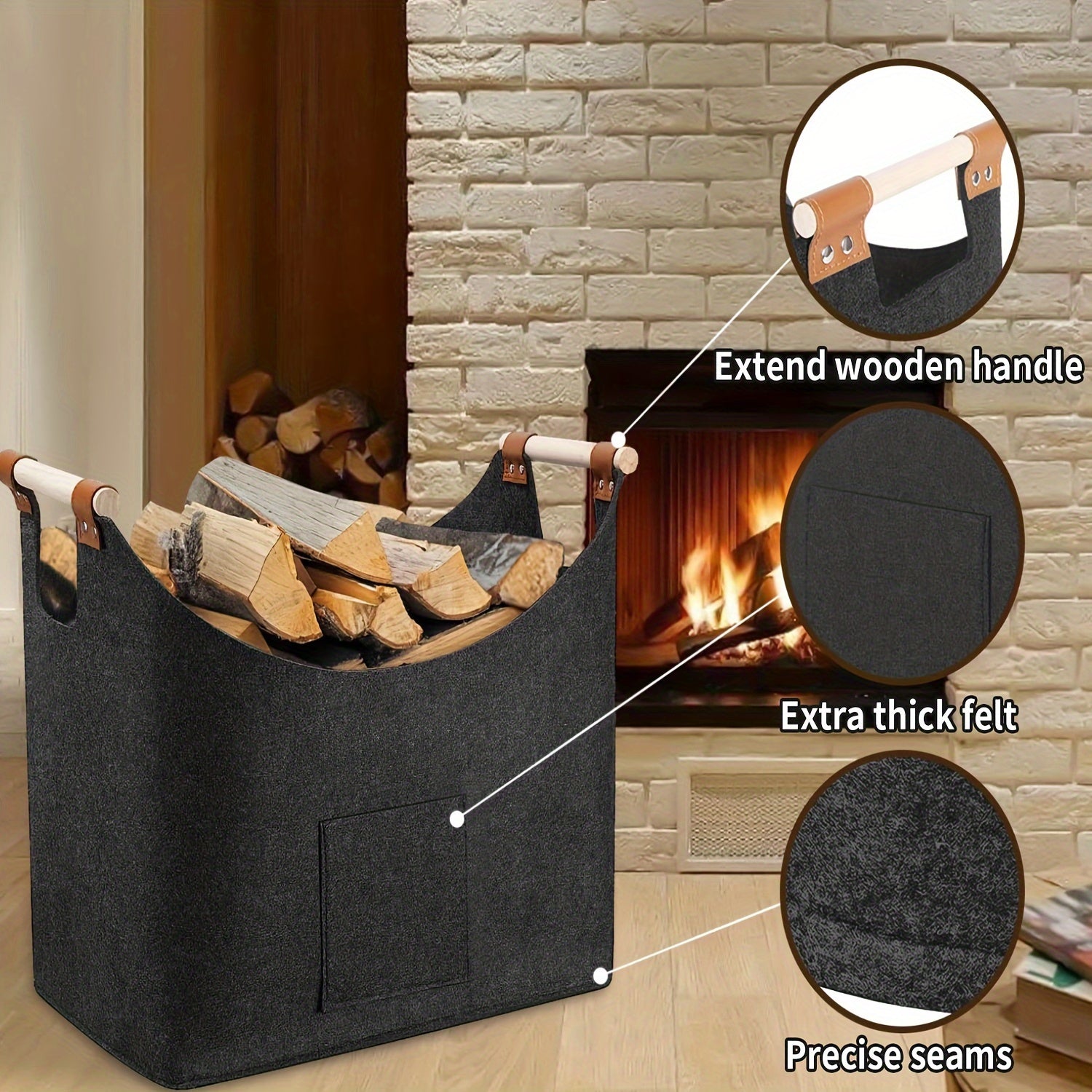 Extra Large 55L Felt Log Baskets for Firewood and Indoor Storage