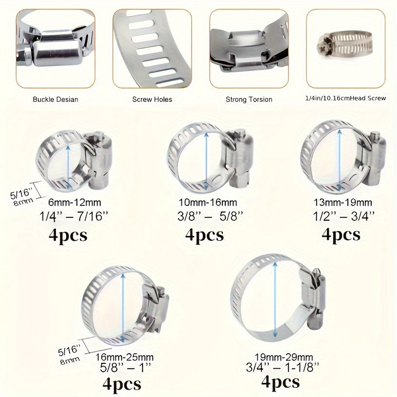 20 Pcs Stainless Steel Hose Clamps Set Adjustable Pipe, Tube, Fuel Line