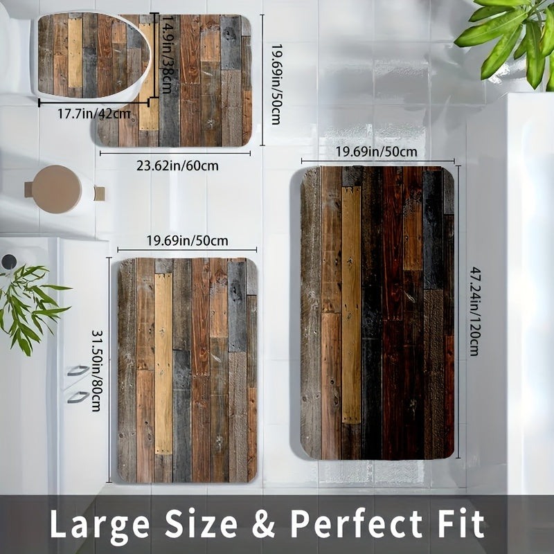 Juego de 4 alfombrillas de baño de terciopelo antideslizantes con patrones de hoja, flor, ola y madera, incluyendo alfombra y funda para inodoro