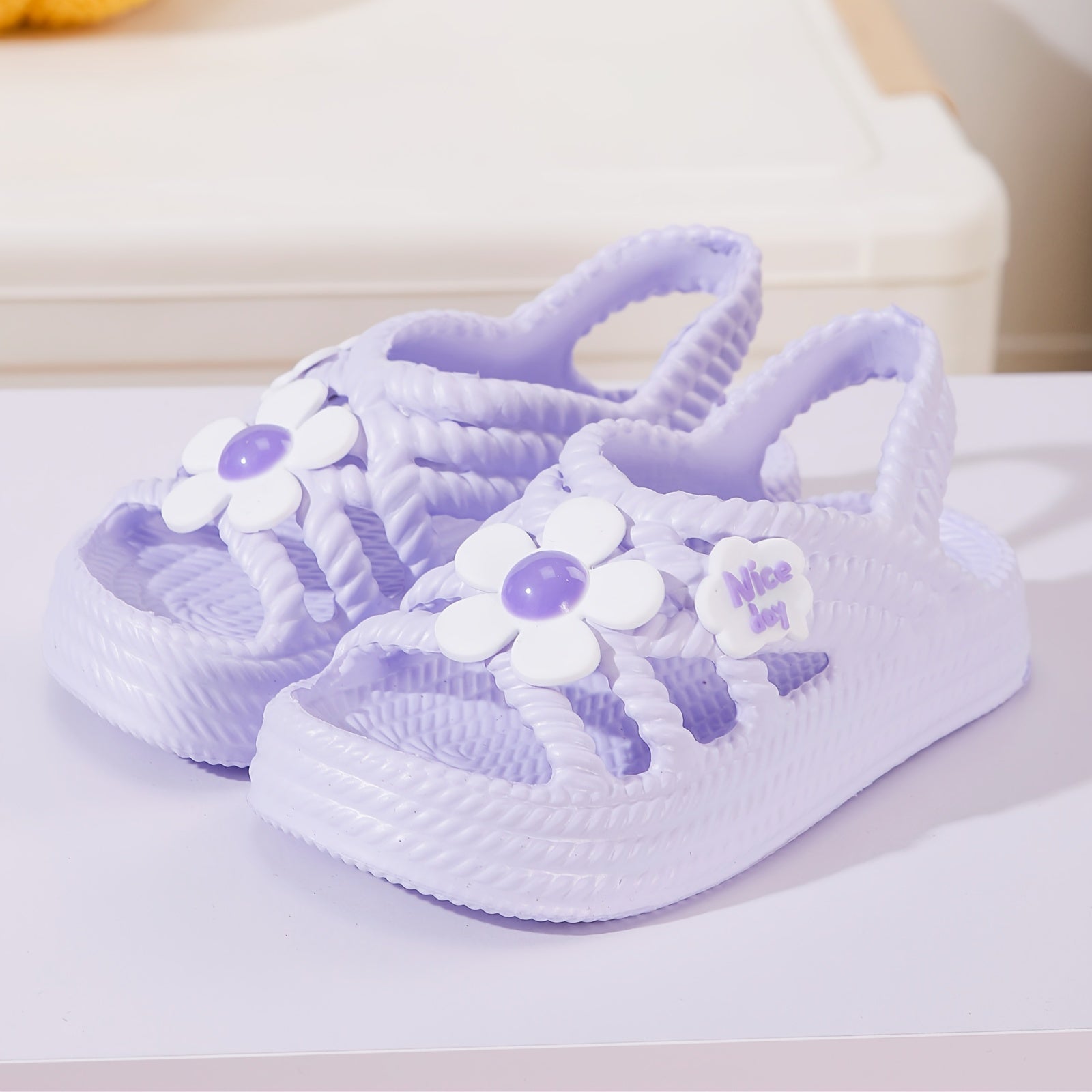 Girls' Summer Cartoon Flower Beach Sandals for Ages 14 and Under Low Top Slip-On EVA Non-Slip Sole