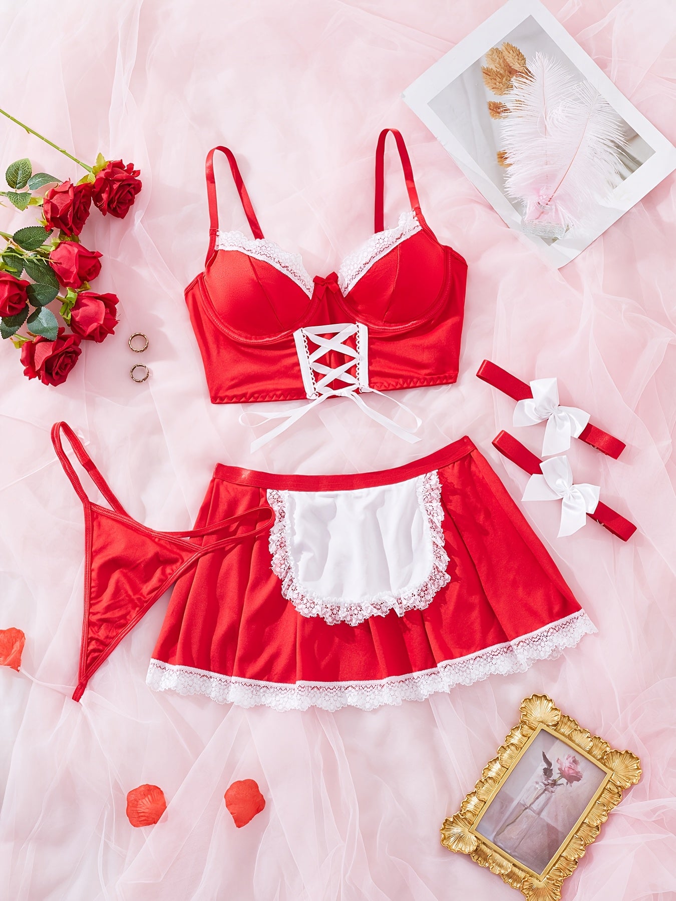 Seductive Lingerie Set with Maid Theme Includes Bra Short Skirt Thong and Pantyhose