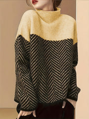 Plus Size Women's Color Block Sweater High Neck Long Sleeve Fall Winter Knit