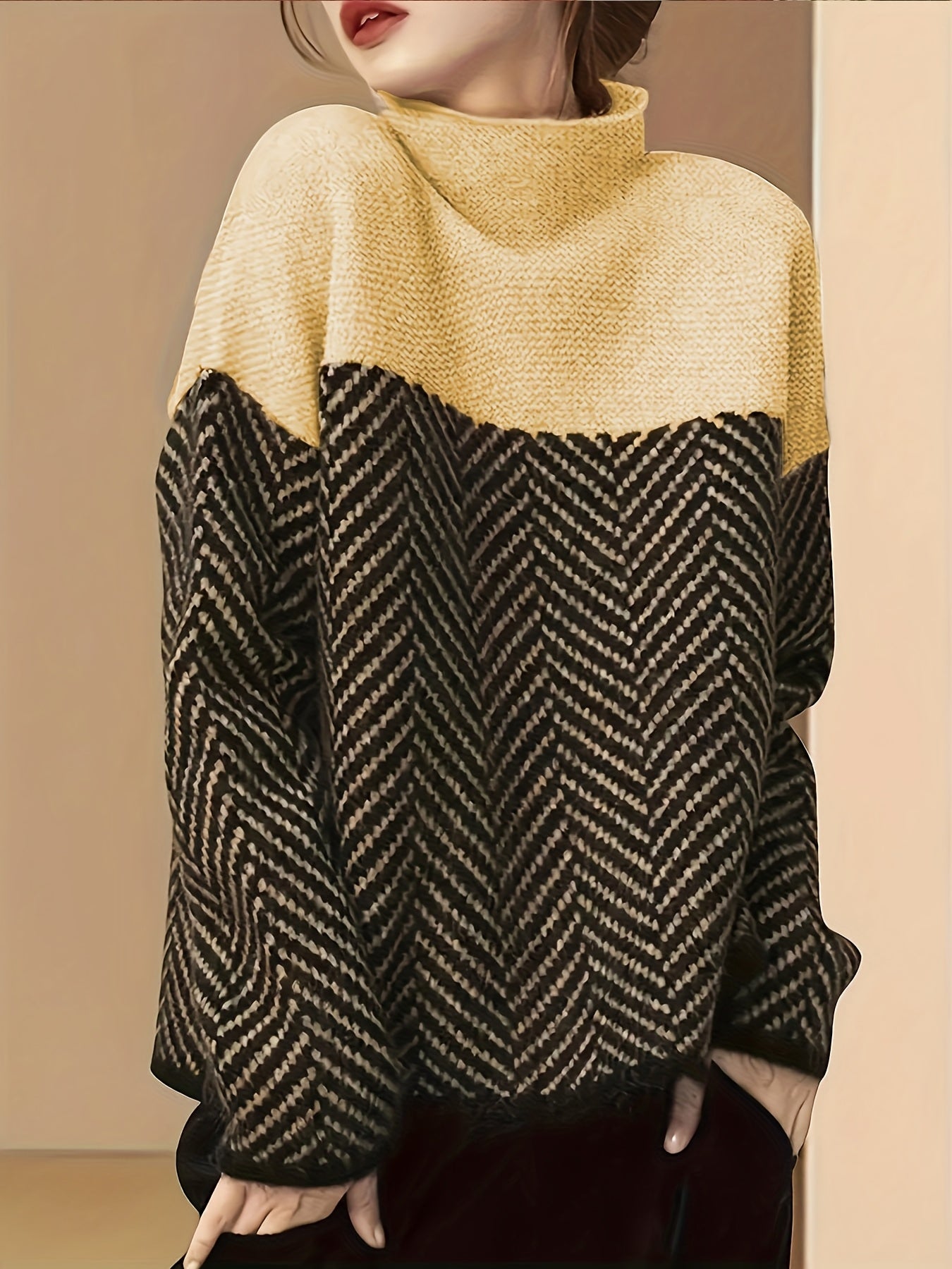 Plus Size Women's Color Block Sweater High Neck Long Sleeve Fall Winter Knit