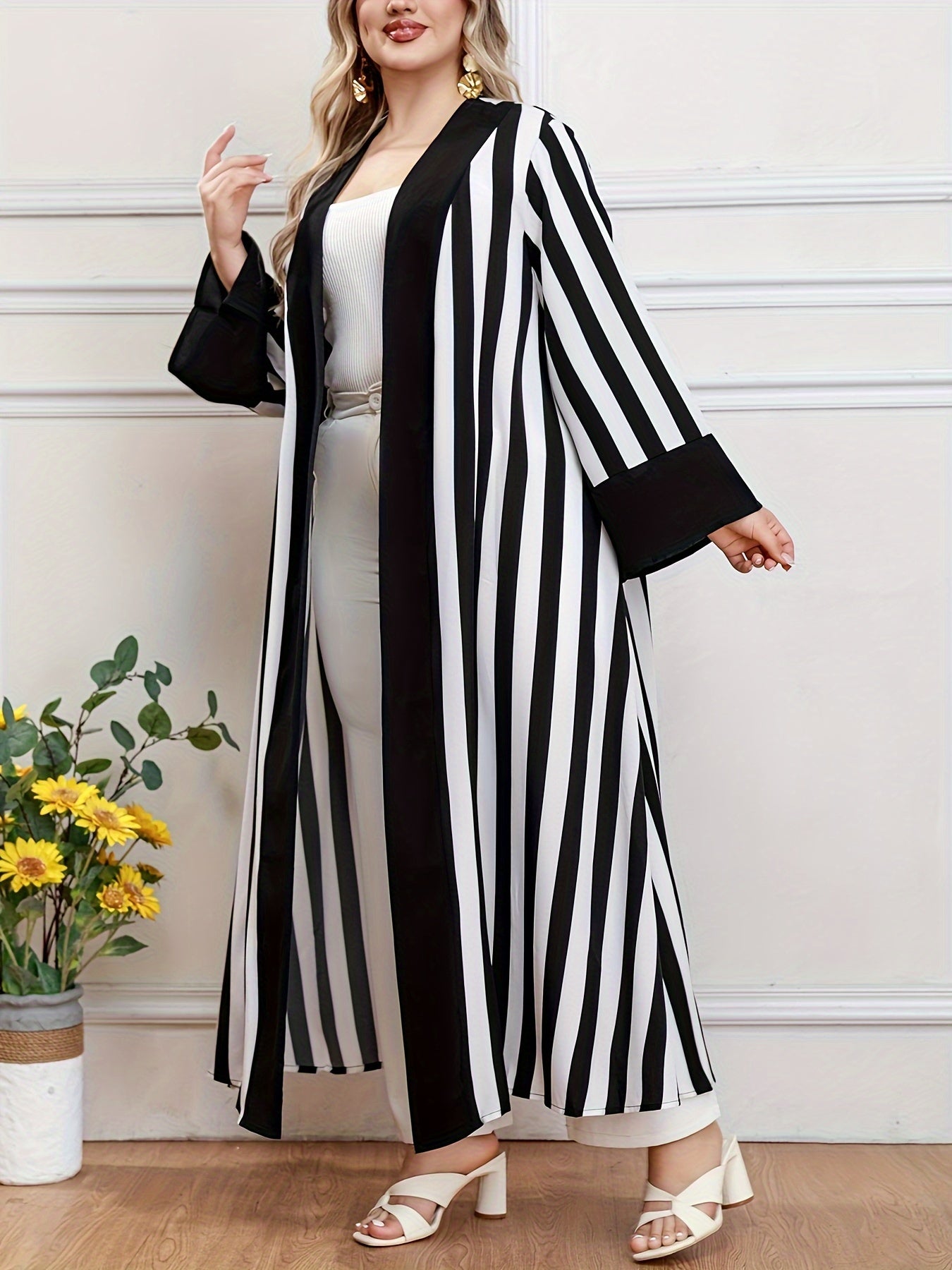 Plus Size Stripe Pattern Kaftan Coverup Long Sleeve Open Front Womens Clothing