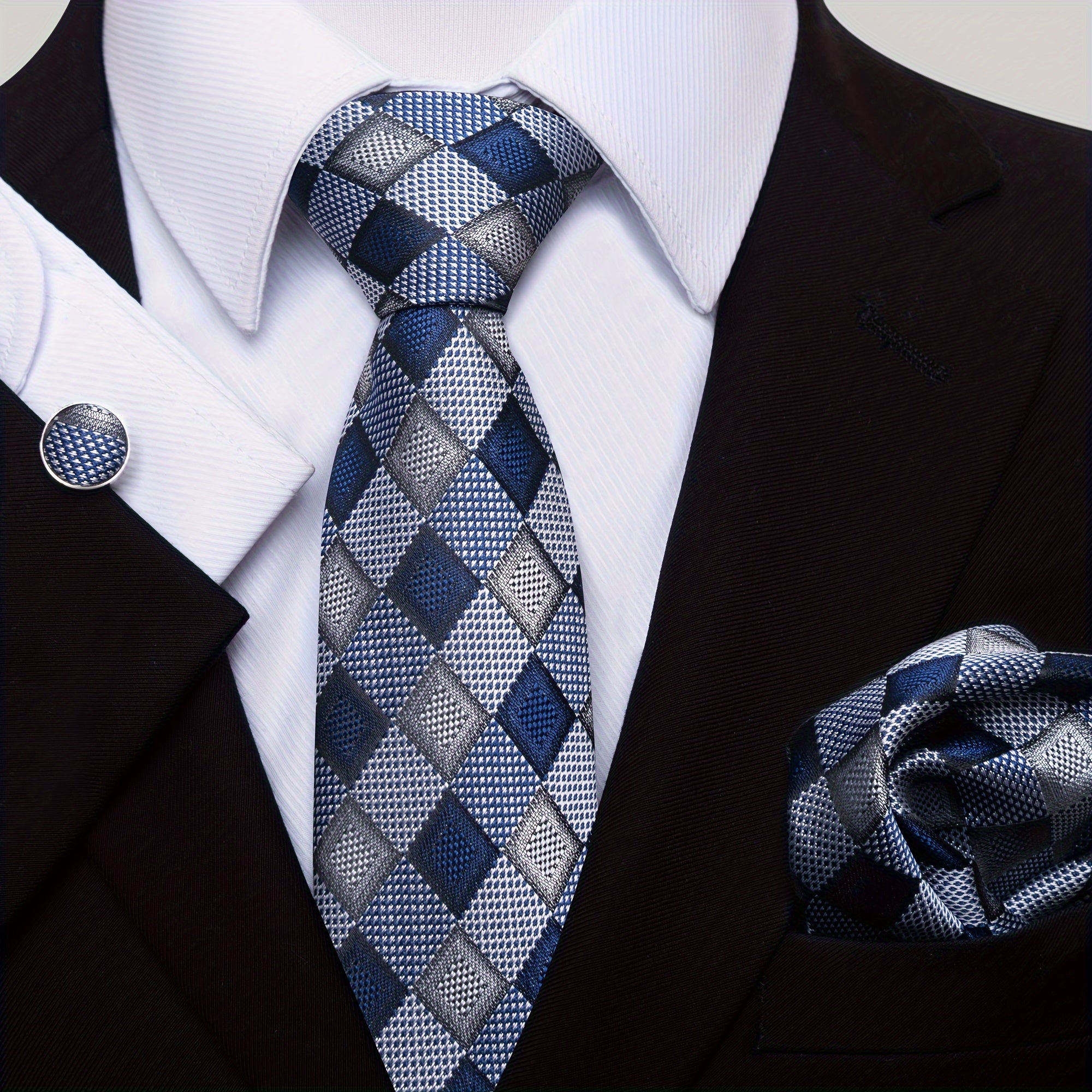 Men's Tie, Handkerchief, and Cufflinks Set for Wedding, Party, Business
