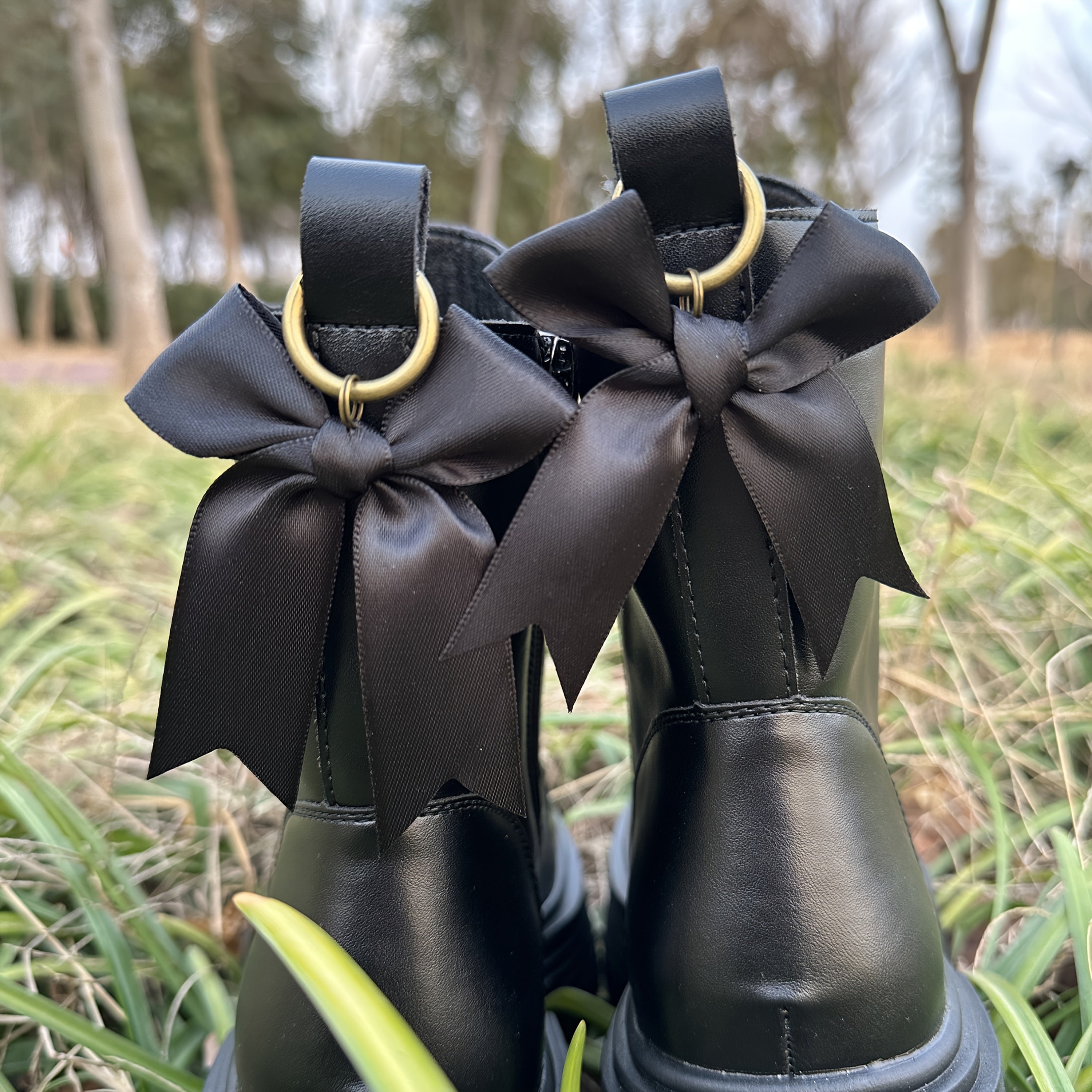 Women Girls Black Pink Satin Bow Shoe Charms Footwear Accessories 2 Pcs