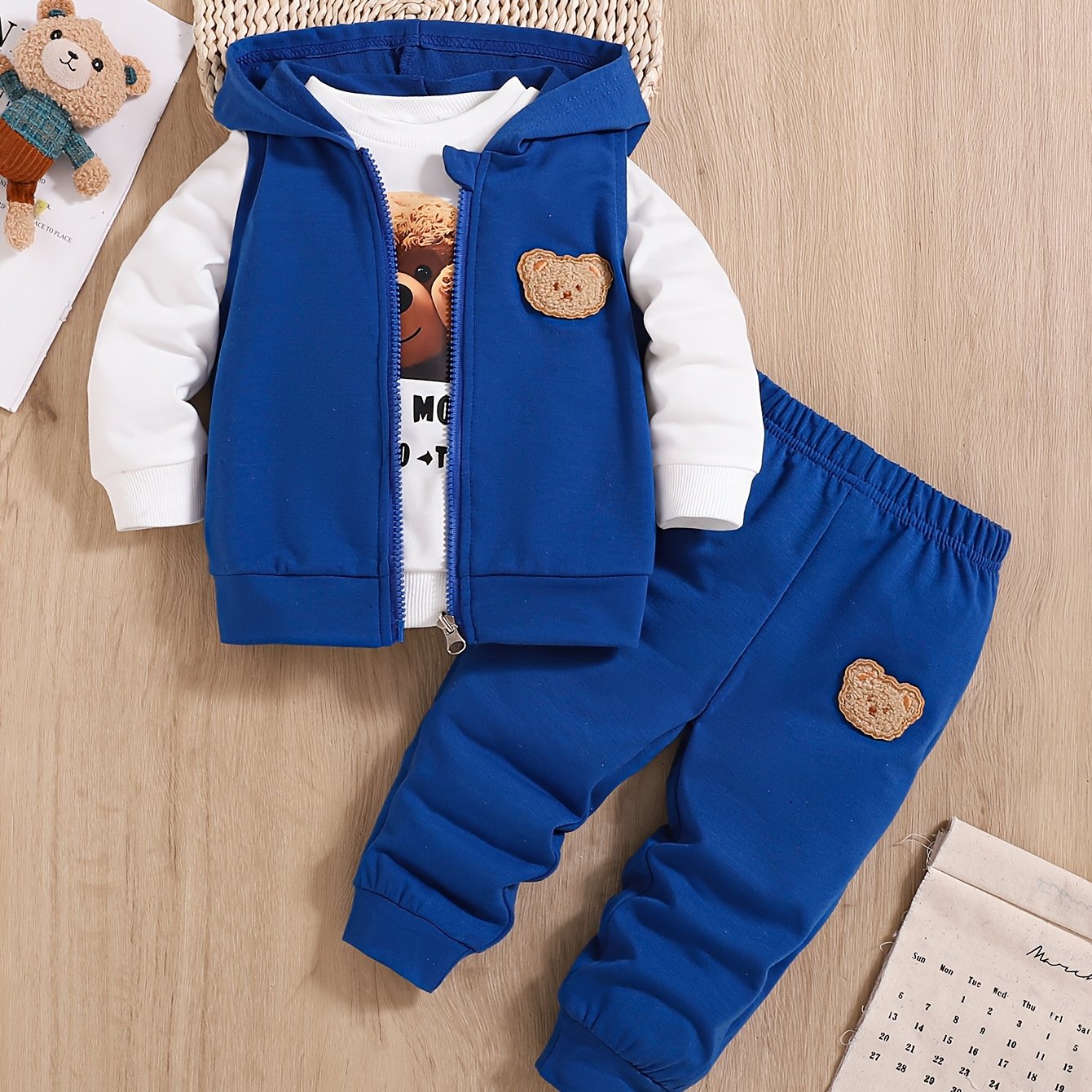 Boys Children's Embroidered Bear 3-Piece Knit Clothing Set for Spring Fall Outdoor