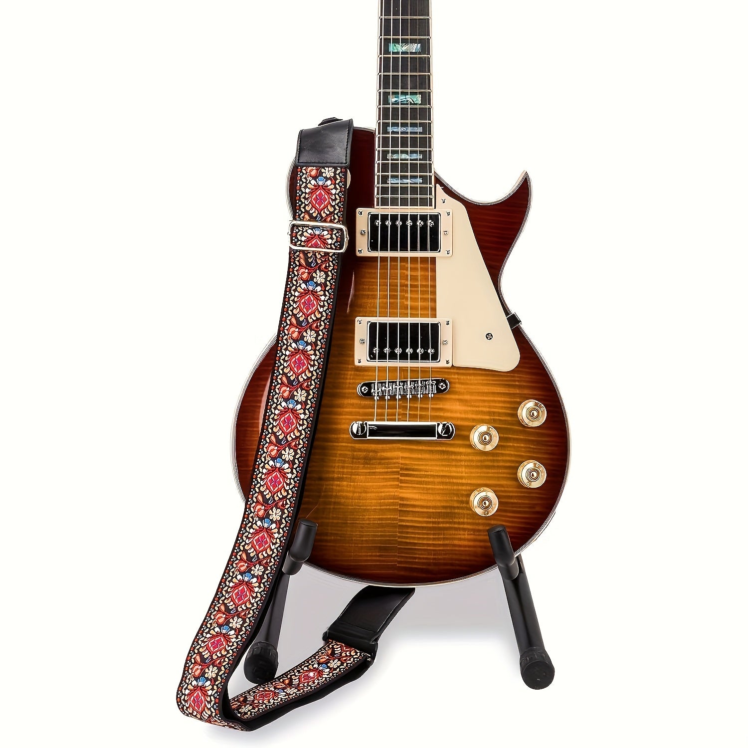 Vintage Blue Floral Embroidered Guitar Strap with Faux Leather Ends - Bass, Electric va Acoustic Gitarlari uchun mustahkam tasma