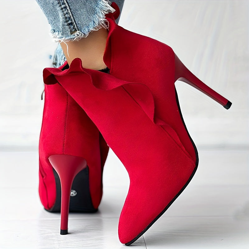 Women's Solid Color Stiletto Ankle Boots with Pointed Toe and Side Zipper
