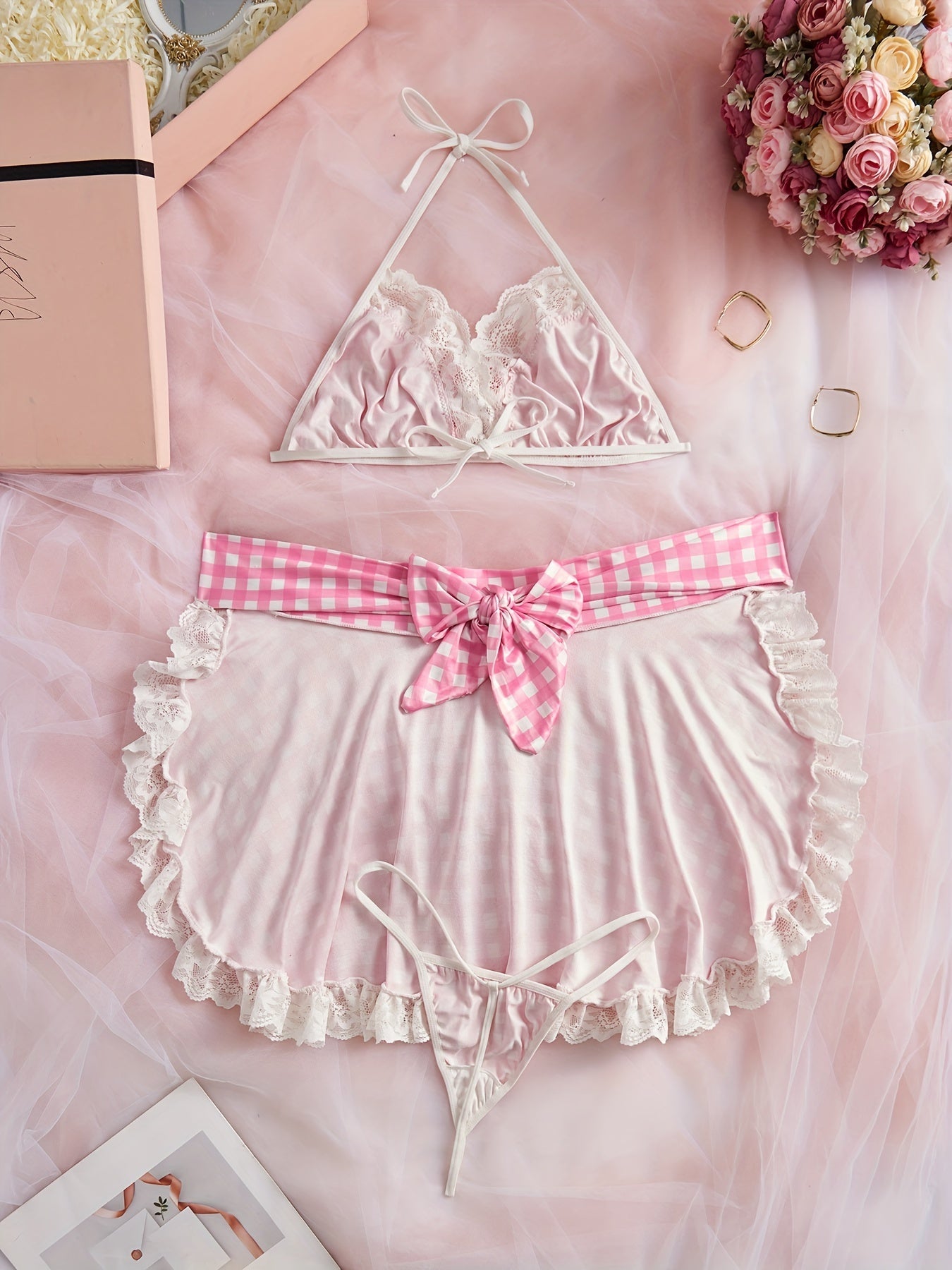 Plaid Maid Outfit with Ribbon Bow and Sexy Lingerie for Women