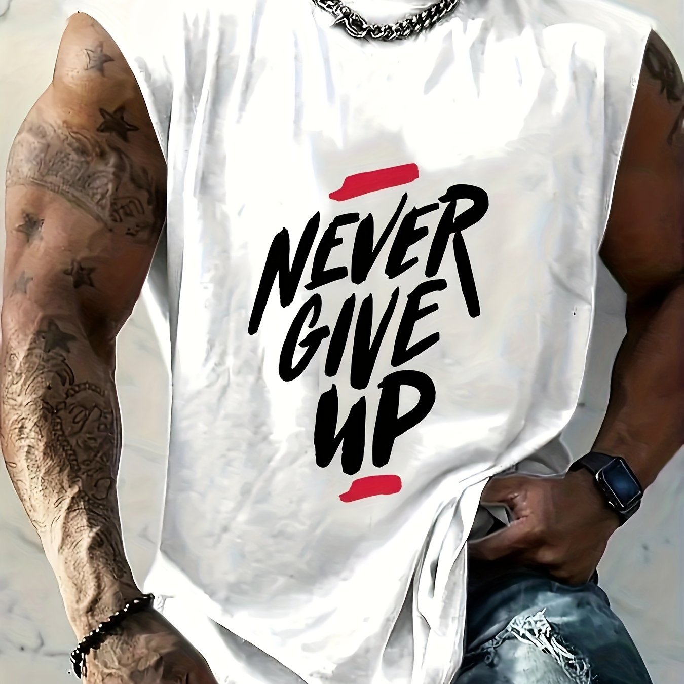 Men's Plus Size Tank Top Black with White Red "Never Give Up" Motivational Gym Basketball Sleeveless