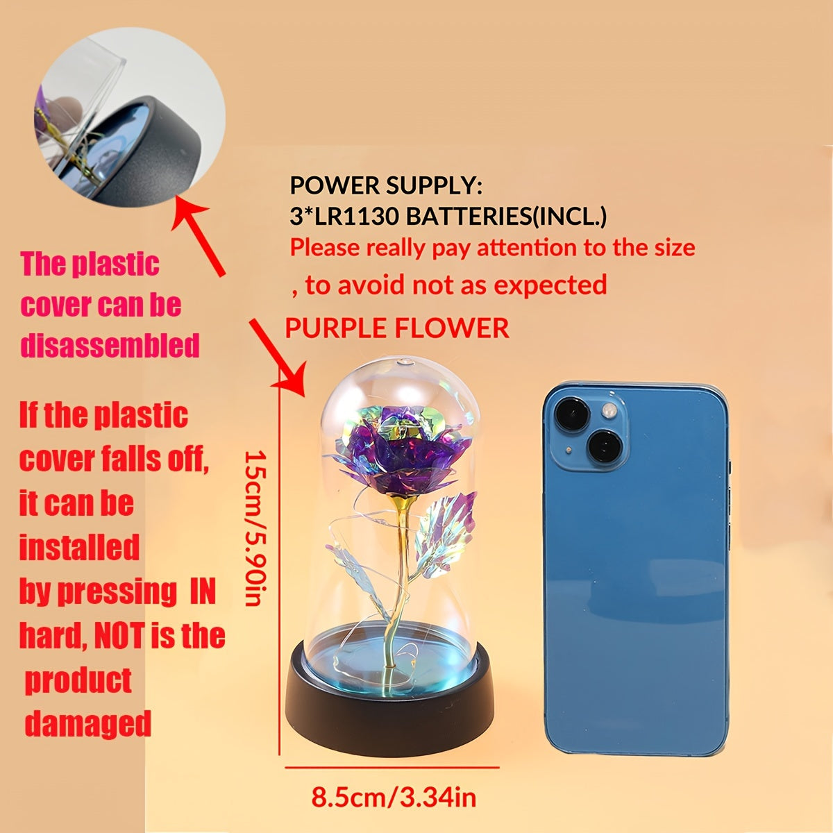 LED Night Light Rose in Glass Dome Pink or Yellow Flowers Battery Powered Gift for Valentine's Day Mother's Day Weddings