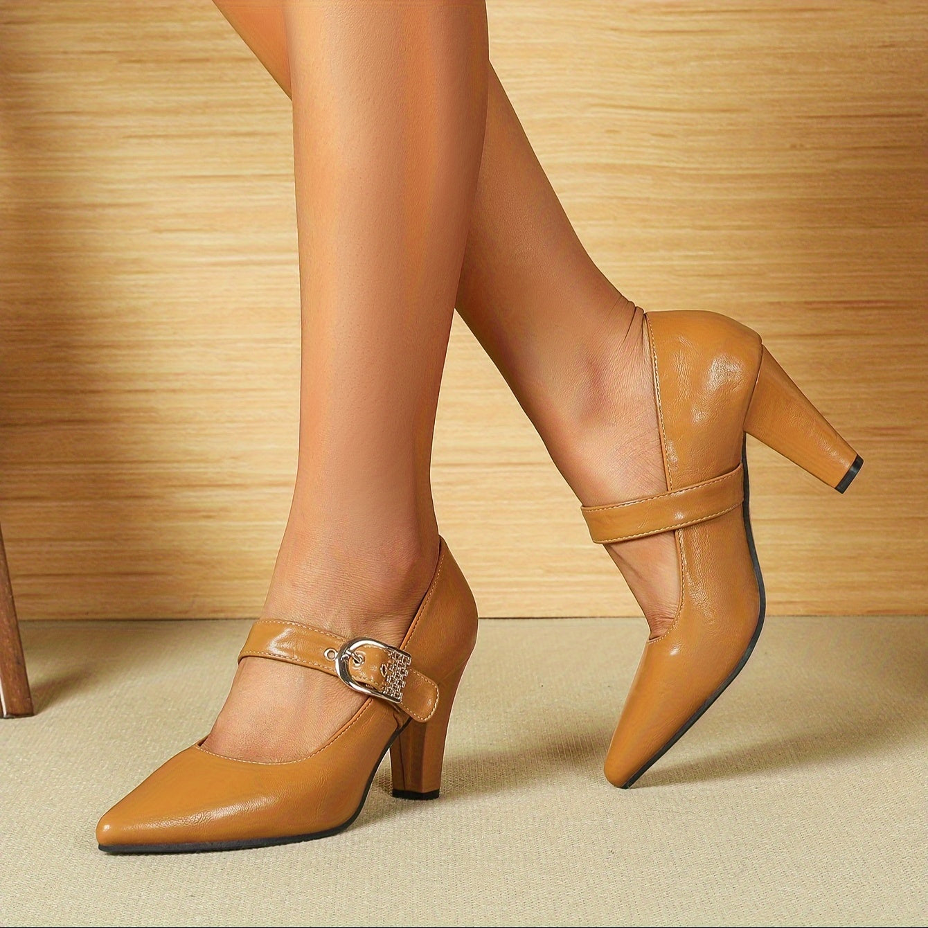 Women's Leather Pointed Toe Platform Mary Jane Slip-Ons with Buckle