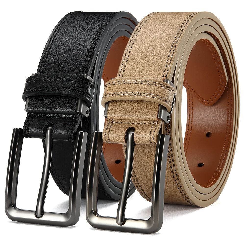 Men's Genuine Leather Belts Adjustable 3.17cm Width Square Buckle for Jeans Dress Pants Black Brown Set