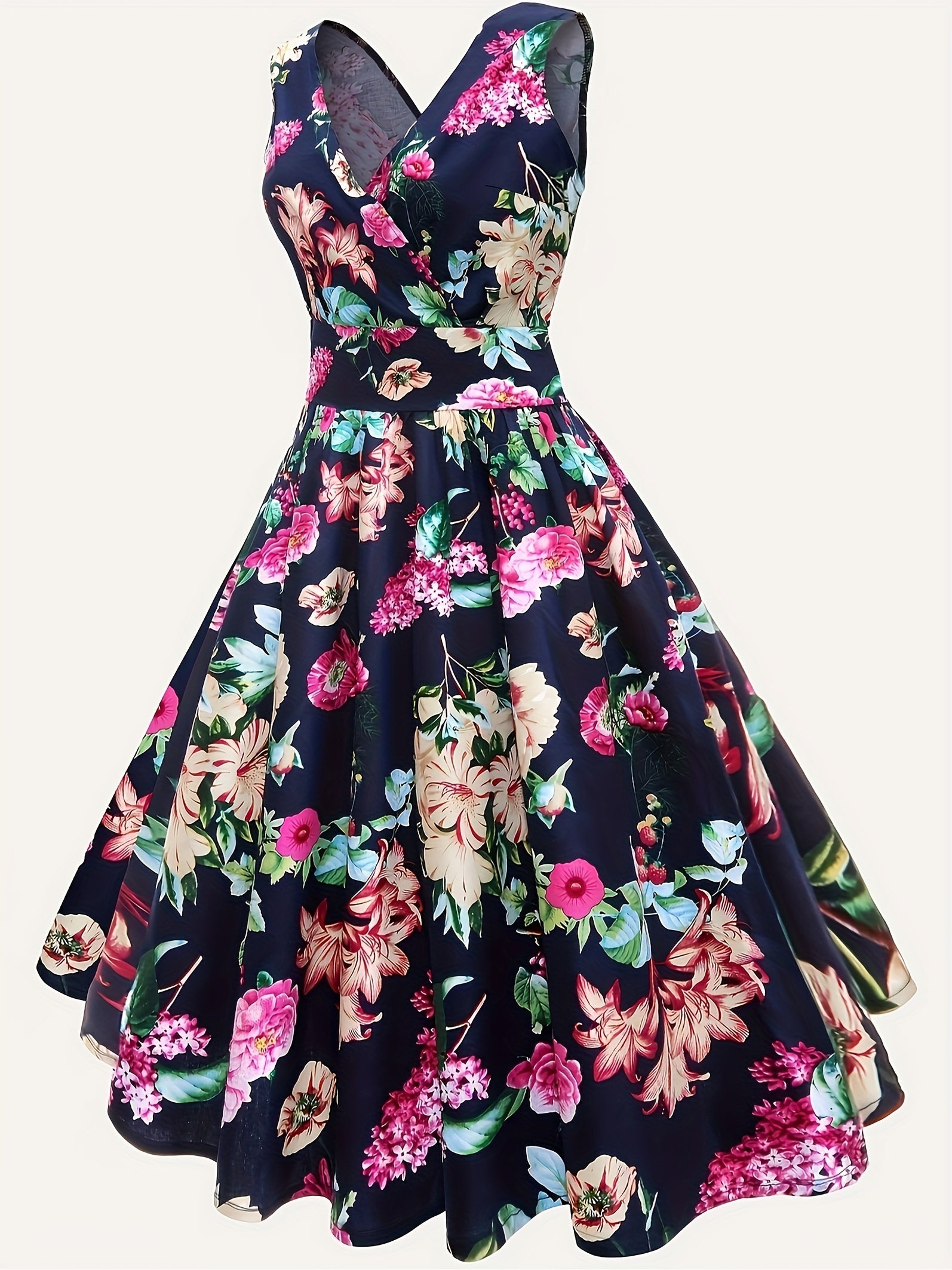 Women's Summer V-Neck Sleeveless Dress with Stretch Fabric Floral Pattern