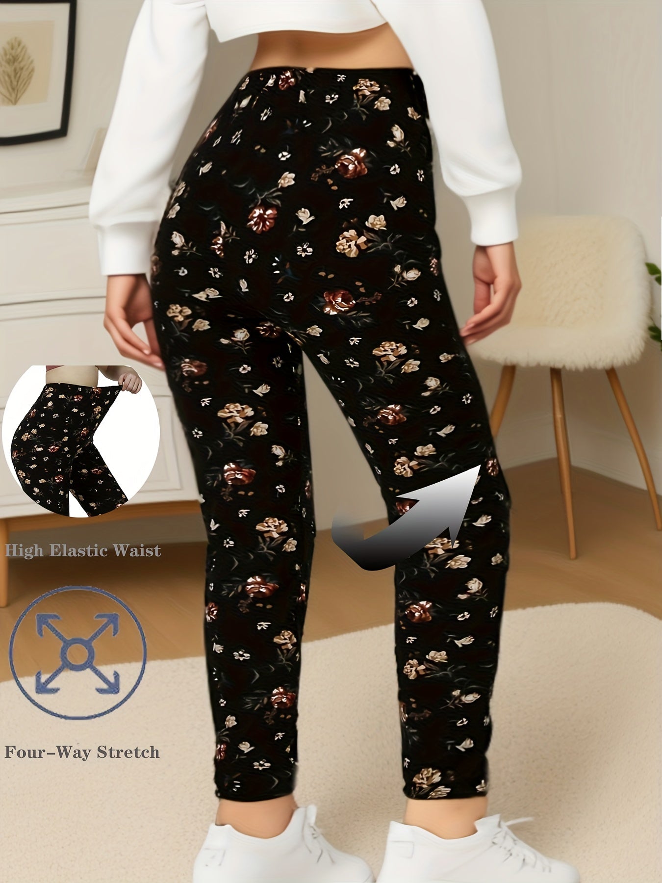 Women's Plus Size Floral Print Leggings High Waist Four-Way Stretch