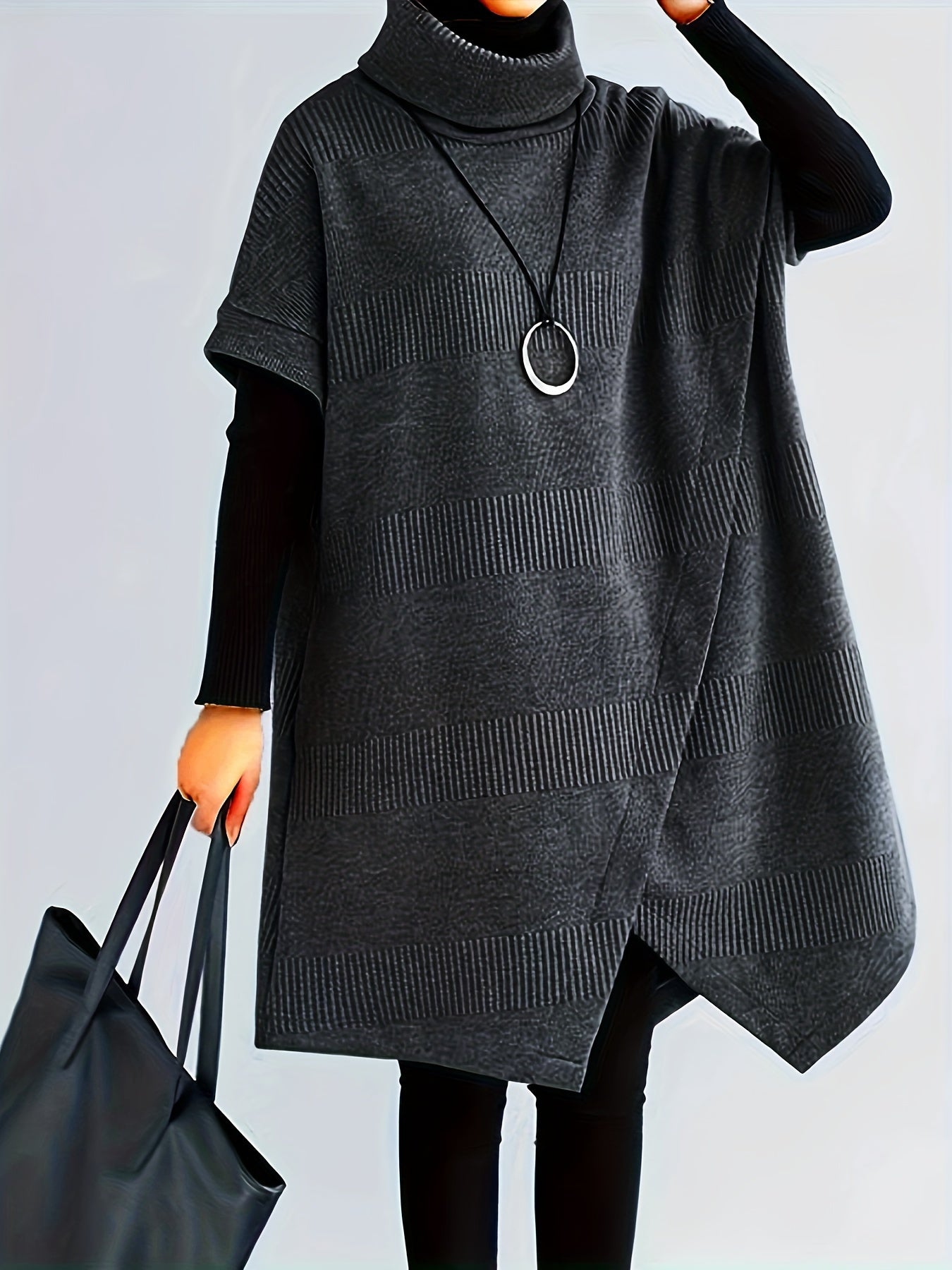 Plus Size Women's Turtleneck Sweater Open Front Slit Fall Winter Pullover