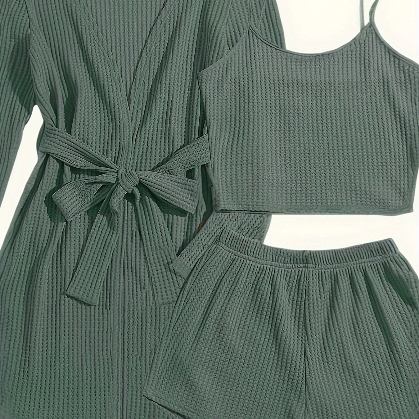 Women's Waffle Lounge Set with Robe, Crop Top, Shorts for Summer Home Wear