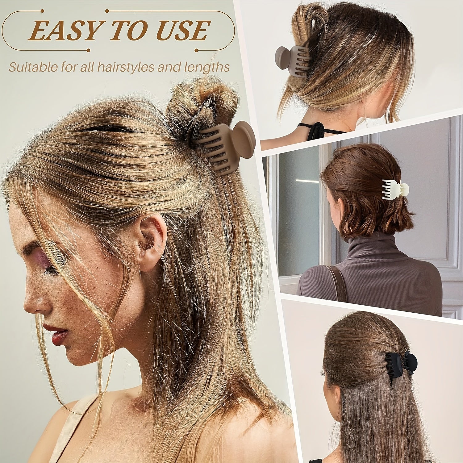 Ayollar va qizlar uchun matli soch kliplari 4.06cm, sirpanmaydigan, bej, khaki jigarrang, qora
