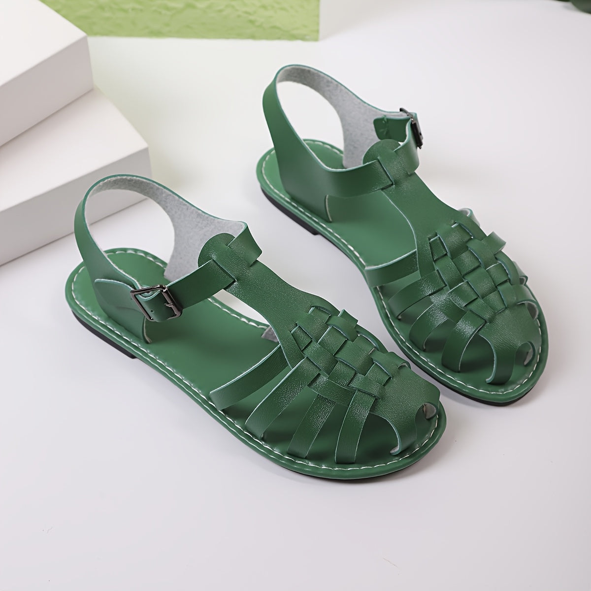 Women's Woven Closed-Toe Roman Sandals Adjustable Buckle Flat Summer Shoes