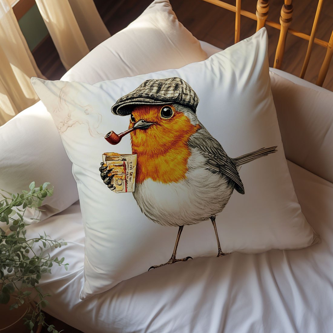 44.96x44.96cm Single-Sided Printed Cushion Cover Smoking Robin Retro Style Polyester Zipper Closure Machine Washable for Living Room Sofa Bedroom Decor