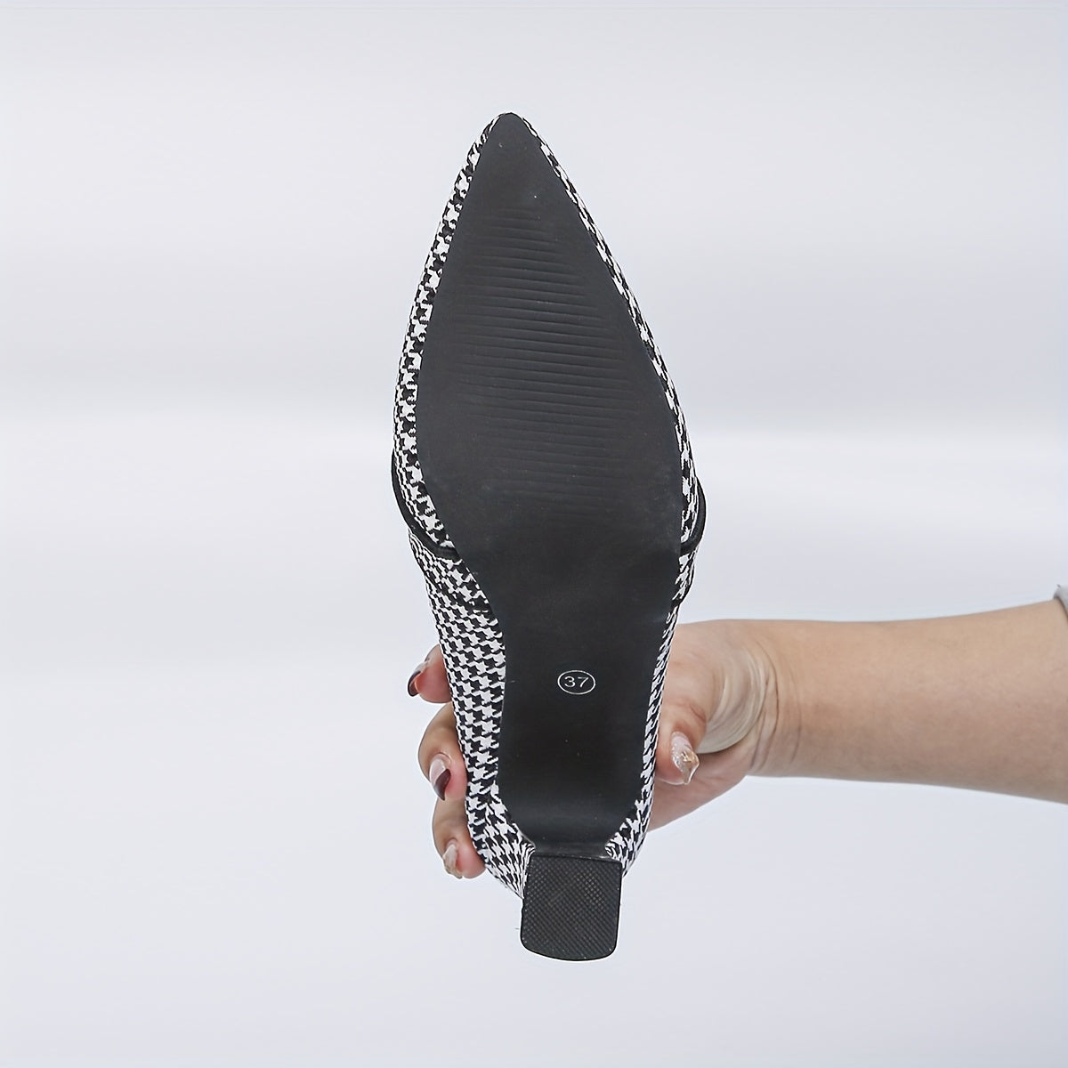 Women's Houndstooth Pumps with Bow Pointed Toe Block Heels Office Shoes