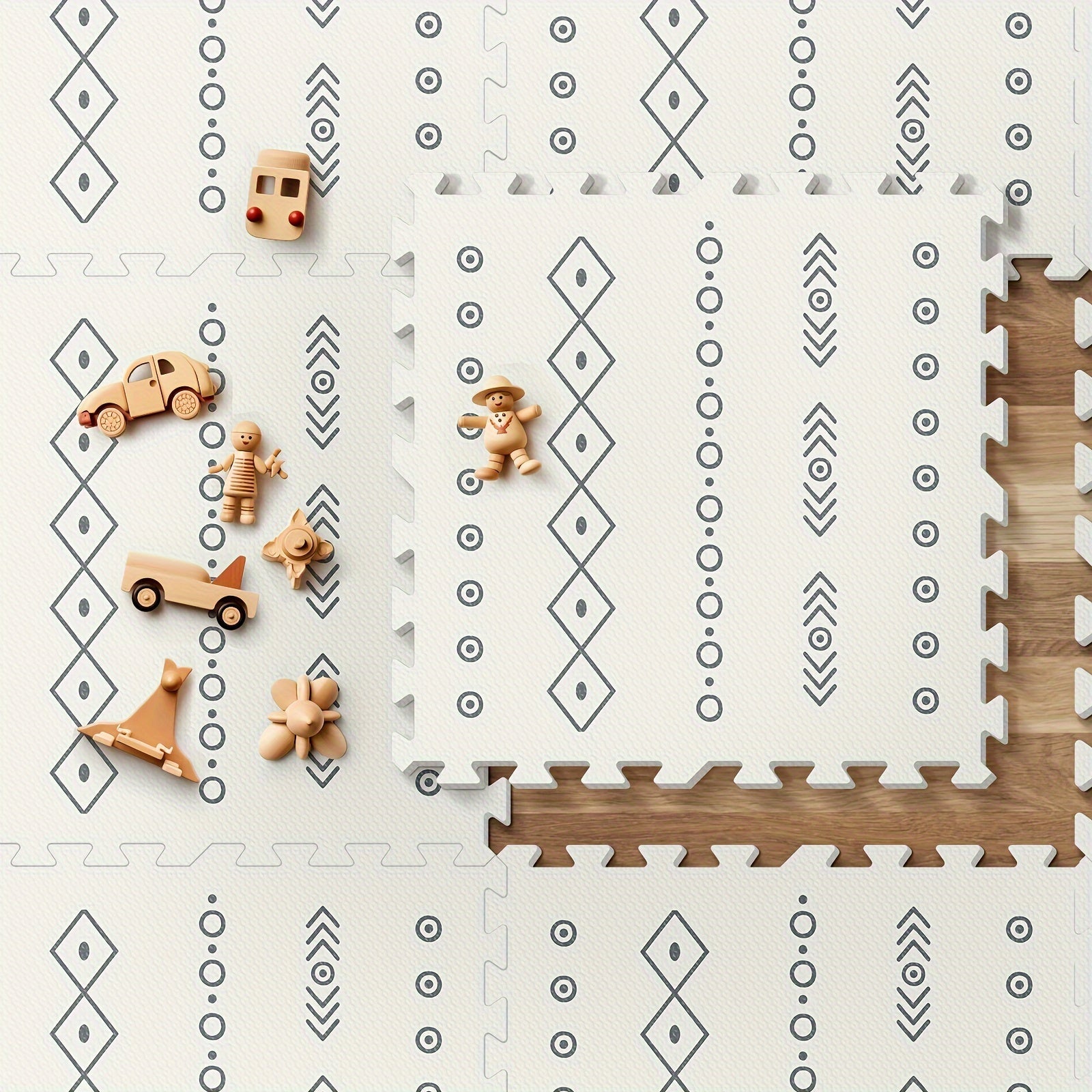 Набор из 6 ковриков для игр в богемском стиле: каждый коврик имеет размеры 60 см x 60 см и толщину 1,2 см. Коврики легко соединяются друг с другом и просты в очистке, что делает их идеальными как для игр в помещении, так и на улице.