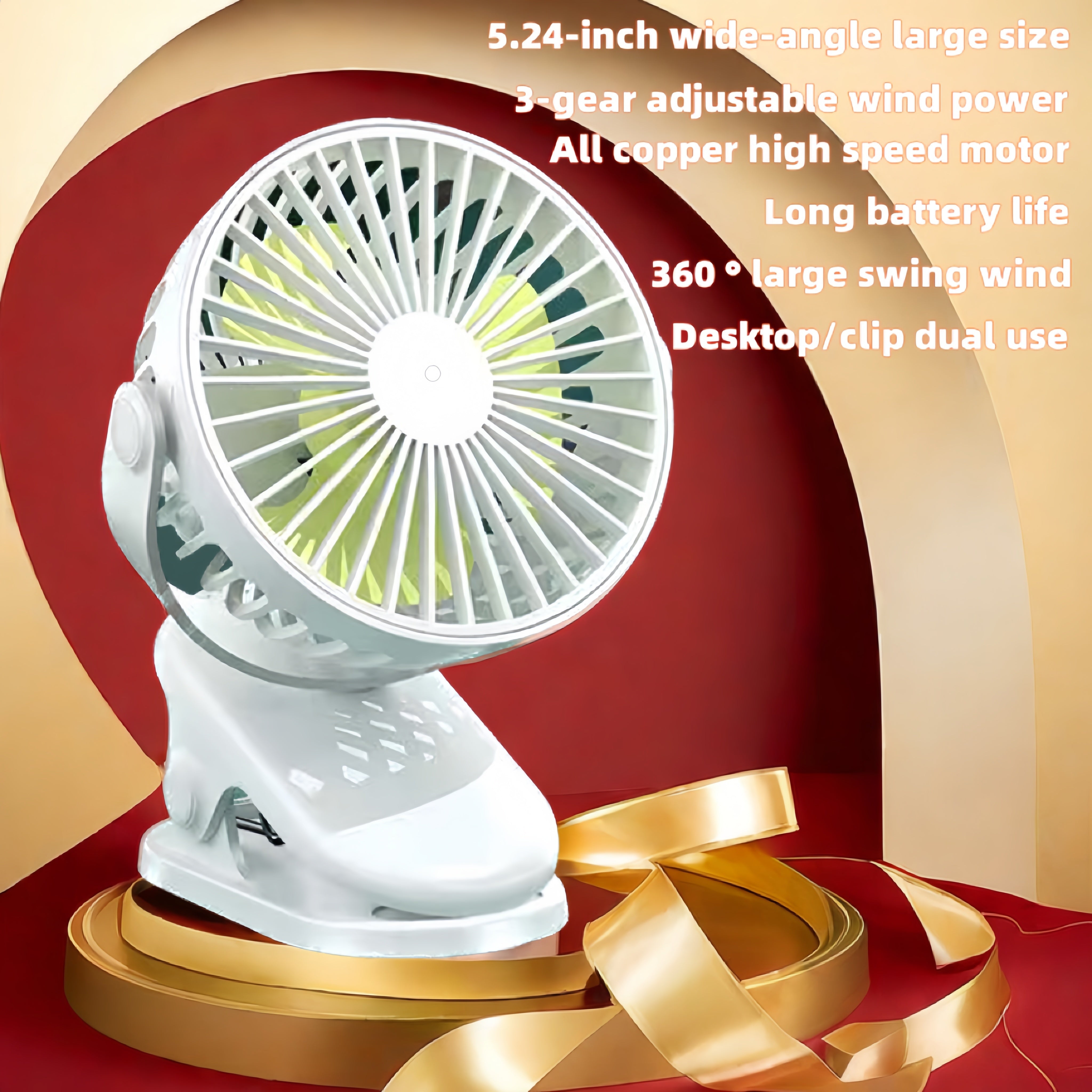 Rechargeable USB desk fan with clamp 360° rotation 3 speed long battery life