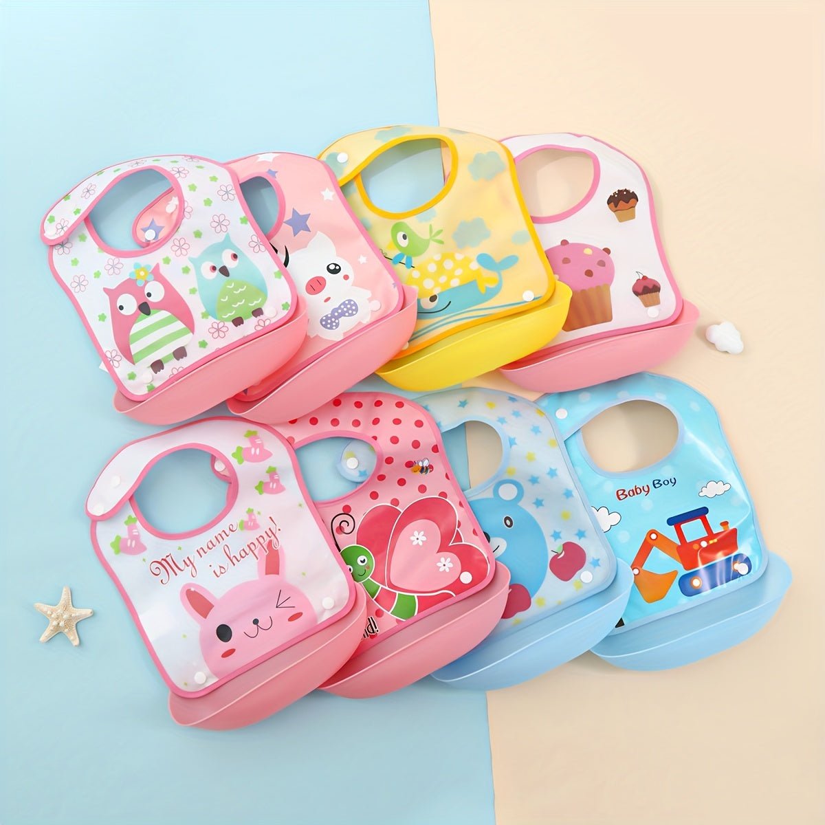 Kids Waterproof Cartoon Bib for Ages 0+ and 3+ in Mixed Colors with Easy Clean Detachable Design