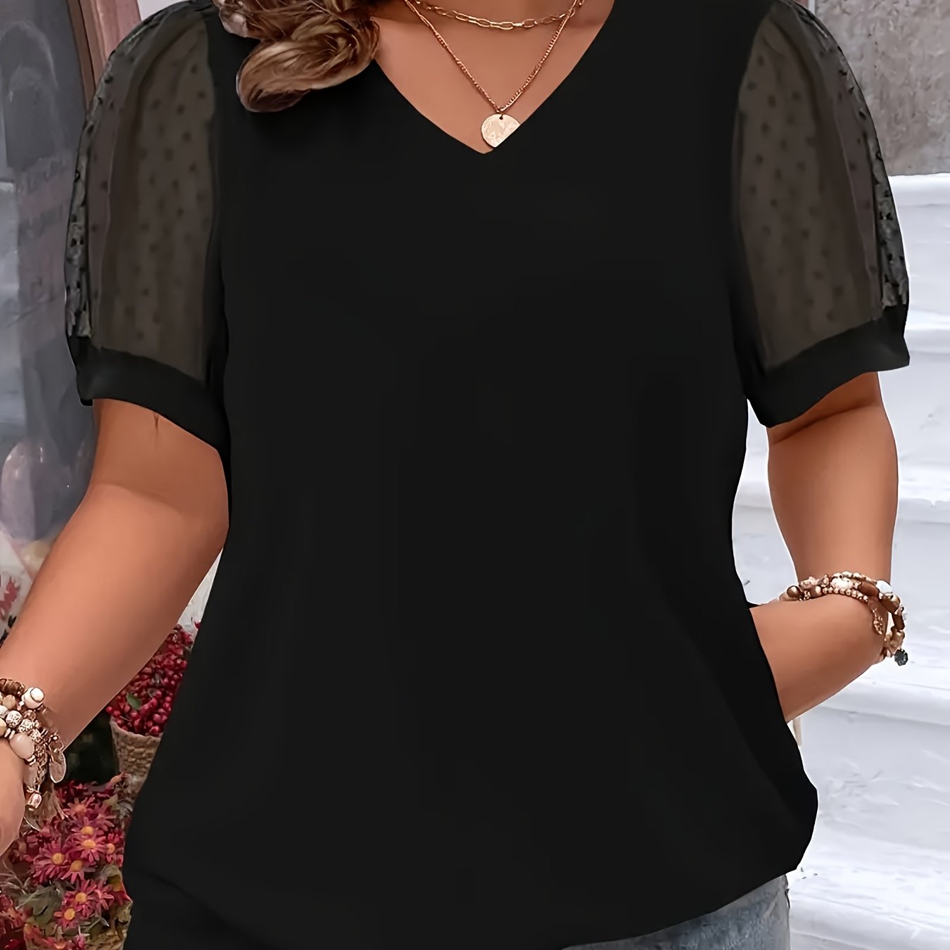 Plus Size V-Neck T-Shirt Women Lace Detail Breathable Mesh Short Sleeve Casual